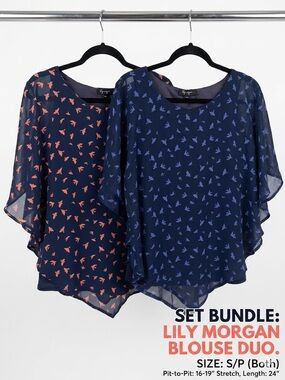[BUNDLE] Set of 2 Lily Morgan Bird Print Flutter Sleeve Blouses - Size S